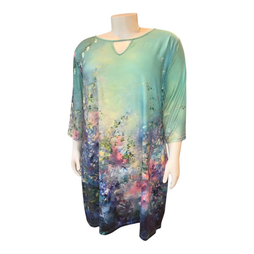 Stunning Floral Pastel Watercolor Blue Green Pink 3/4 Sleeve Dress Women's 4XL